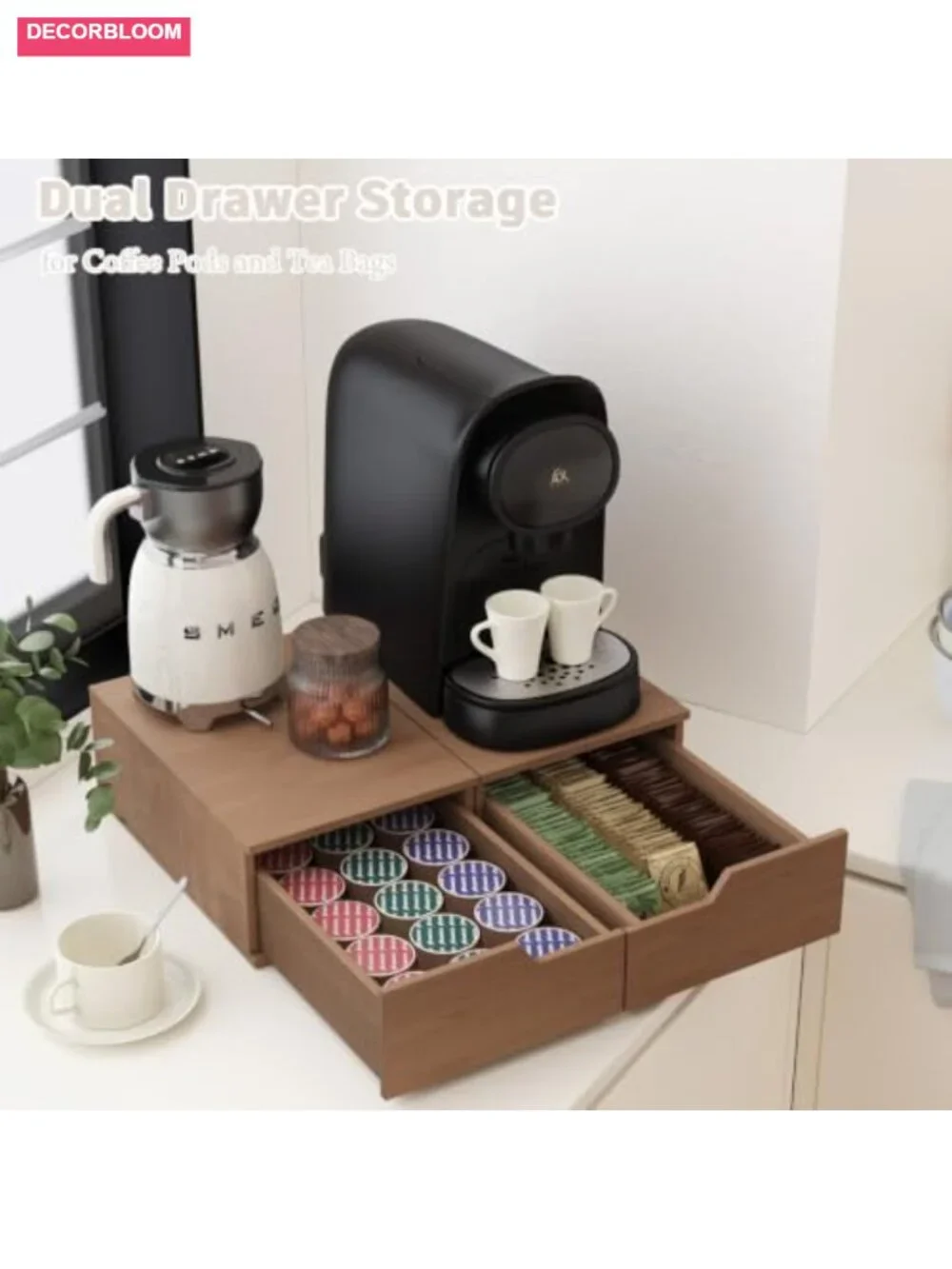 Bamboo Coffee Pod Organizer Drawer, Stackable K-Cup Holder, 30 Capacity Storage